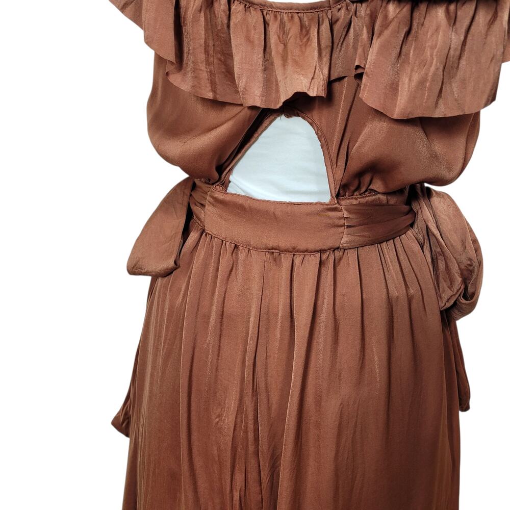 Zara Satin Ruffle Pleated Wrinkle Wide Leg Keyhole Boho Chic Jumpsuit Size Large - Picture 7 of 12